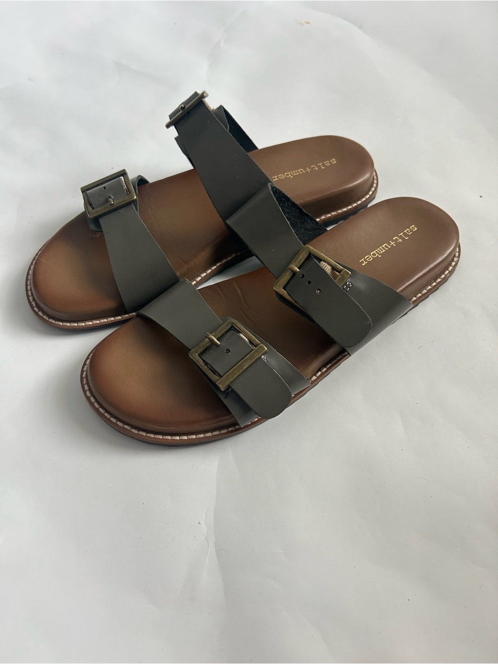 SOLE + LUXE Olive Green Double-Buckle Slide Sandals for Women